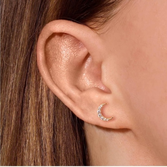 GOLD 14k Gold Plated Moon Star Cubic Zirconia Stud Earrings - Picture 2 of 4